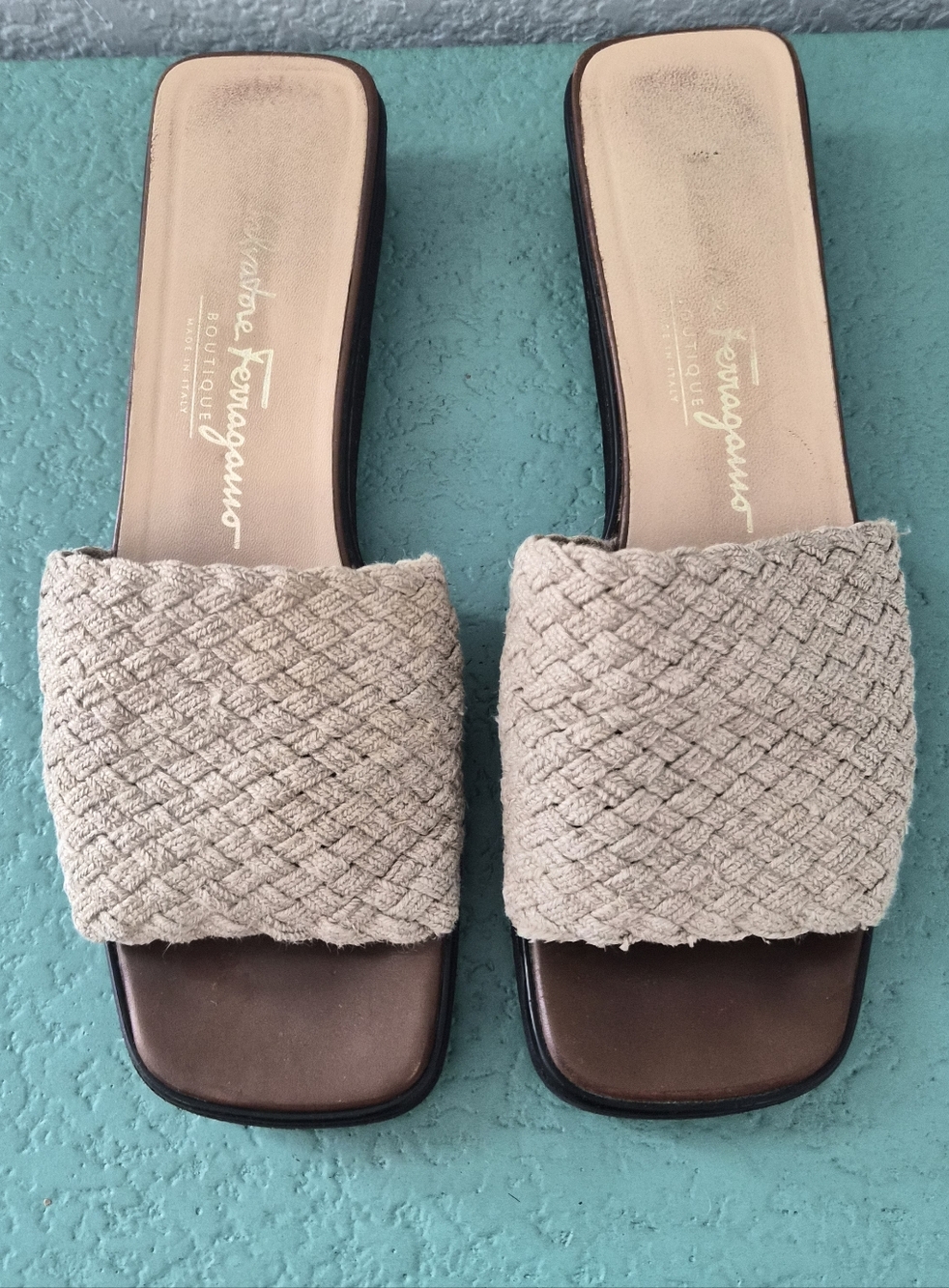 Vintage 90s Ferragamo Coastal Chic Woven Slide Sandals Square Toe Beige 8
